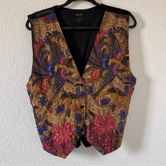 Tan-Chho VTG Women’s Beaded Vest Fits Up to Large Mustard Blue Red Bird Floral - Picture 1 of 11